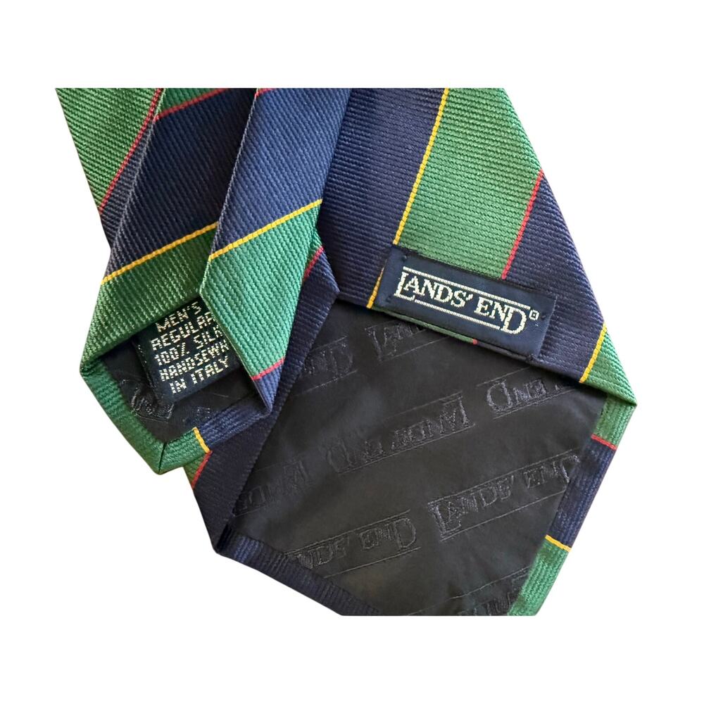 Lands' End Vintage Classic Green & Blue Stripe 100% Silk Tie - Picture 3 of 3